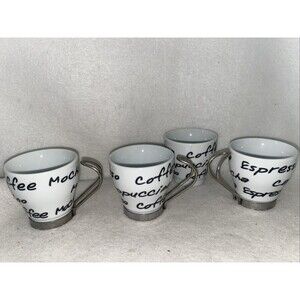 Vintage Espresso Coffee Tea Cups Italian Style Set Of 4 Metal Handle Mocha White